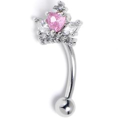 a pink and white crystal belly ring on a silver ball with an arrow shaped center