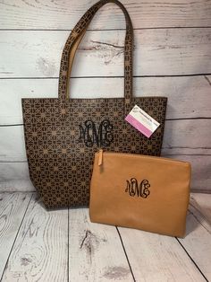 "This listing is for 1 Monogrammed BROWN Statement print Tote Bag embroidered with a 3 letter Monogrammed on side of the bag without the pocket- in a thread color of your choice.   Pouch IF purchased (tote bag & pouch option at checkout) will be in same monogram as tote bag with choice of thread color. POUCH is NOT included and must be purchased at checkout tote bag and pouch option ‼️Both pieces monogrammed if set is purchased.... Pouch is tan to match inside of tote bag :) MESSAGE TO SELLER at Monogram Tote Bags, 3 Letter, Custom Tote Bags, Embroidery Shop, Monogram Tote, Embroidered Bag, Leather Handbags Tote, Personalize Bag, Bags Purses