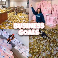 a collage of photos with the words business goals in pink and gold boxes on them