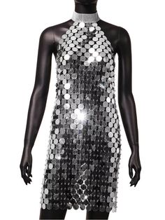 Metal sequin mini dress. Bust size: 27,56-36,22’’ Length: 32,68’’ Disco Dresses With Contrast Sequin For Club, Contrast Sequin Disco Dresses For Club, Disco Style Mini Dress With Contrast Sequin, Embellished Sequin Summer Club Dress, Embellished Sequin Dress For Club In Summer, Summer Embellished Sequin Dress For Club, Sleeveless Disco Mini Dress With Contrast Sequin, Sequined Fitted Disco Mini Dress, Fitted Sequin Disco Mini Dress