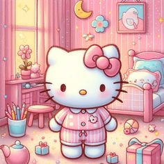 a hello kitty bedroom with pink walls and furniture, including a teddy bear in pajamas