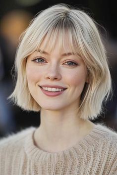 Click for More ➡️ | Save for Later ❤️  A fringe bob in a cool ash blonde shade, offering a modern and sophisticated look. Perfect for thick hair and oval faces. (Fringe Bob with Cool Ash Blonde - Short Hairstyles For Women) Bob Hairstyles For Oval Face Shape, Oval Face Haircuts Women, Bob Hair With Fringe, Blonde Hair Short, Blonde Bob With Fringe, Medium Straight Haircut, Cool Ash Blonde, Oval Face Haircuts