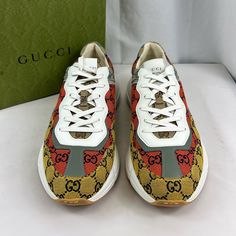 Brand New With Box. This Is An Authentic Pair Of Gucci Monogram Multicolor Mens Rhyton Sneakers 15 In Yellow, Blue, Great White, And Tabasco. These Stylish Chunky Sneakers Are Crafted Of Gucci Monogram Multicolor Canvas With Eco-Friendly Demetra Material Trim. These Shoes Feature White Rubber Soles With White Shoe Laces. Casual Multicolor Sneakers With Logo, Multicolor Low-top Sneakers With Embroidered Logo, Yellow Gucci Sneakers For Streetwear, Gucci Yellow Streetwear Sneakers, Gucci Yellow Sneakers For Streetwear, Designer Multicolor Sneakers With Rubber Sole, Luxury Multicolor Sneakers For Streetwear, Gucci Yellow Low-top Sneakers, Gucci Yellow Sneakers With Round Toe