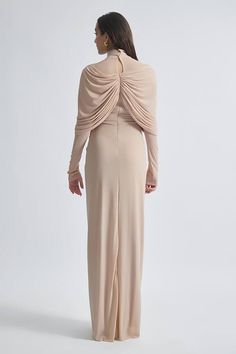 Chalk beige malai lycra and net draped dress with pleated detailing. - Aza Fashions Pre-draped Evening Dress With Cowl Back, Cream Pre-draped Evening Dress, Elegant Beige Draped Dress, Cream Ruched Evening Dress, Evening Draped Maxi Dress With Pleated Back, Elegant Draped Maxi Dress With Pleated Back, Evening Maxi Dress With Pleated Back And Draped Shape, Cocktail Stretch Draped Dresses, Cocktail Dresses With Draped Design