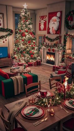 a living room decorated for christmas with presents on the table