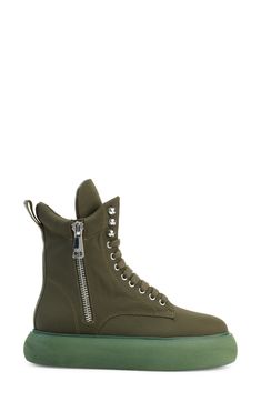 A durable sneaker-boot gives off moto vibes with gleaming zippers racing up the sides and a chunky rubber platform sole. 1 3/4" platform Textile and rubber upper/textile lining/rubber sole Imported Sneaker Boots, Army Green, High Top Sneakers, Rubber Sole, Womens Boots, Nordstrom, Boots, Sneakers, Green