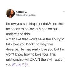 a tweet with the caption i know you see his potential & see that he needs to be loved & healed but understand this