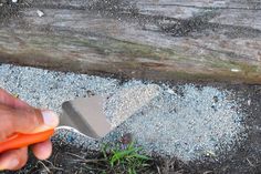 a person is holding a carrot with a large spatula in their left hand, next to a piece of wood and grass