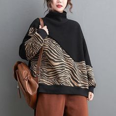 Patchwork Print Pattern Sweatshirt Women 2021 Winter Casual Fashion New Style Temperament All Match Women Clothes ( Limited Stock) - Omychic Black Patchwork Top For Fall, Oversized Cotton Turtleneck Top, Cotton Patchwork Long Sleeve Sweater, Oversized Patchwork Tops For Fall, Winter Cotton Turtleneck Top, Cotton Turtleneck Top For Winter, Fall Graphic Print Turtleneck Top, Black Cotton Sweatshirt For Fall, Fall Turtleneck Top With Graphic Print