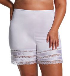 Silky soft pettipants allow you to adjust the length by 2-1/2" when you snip off a lace tier at bottom of legs. Can be worn in place of slip. Inner elastic waistband provides a secure fit. Top of waist has picot edges. Pettipants are styled with glossy microfiber knit. Smooth surface will not stick to your clothing. Bottom of legs has three tiers of lace trim can be cut off to adjust the length. Leg hems are delicate floral lace with scalloped edges. Fabric/care info tag is sewn into back of wai Fitted Lace Bottoms For Daywear, Fitted Short Bottoms, High Waist Lace Bottoms With Lace Trim, High-waist Bottoms With Lace Trim, White Lace Bottoms With Lace Trim, Elegant Lace Bottoms With Elastic Waistband, High Waist Stretch Pants With Lace Trim, Stretch Bottoms With Lace Trim For Summer, Summer Stretch Bottoms With Lace Trim