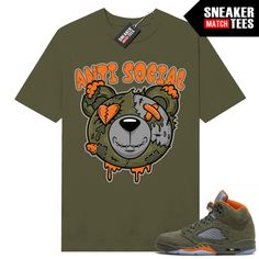 "Olive Jordan 5 matching shirt by Sneaker Match Tees brand. Official Sneaker Match Tees shirt designed to match the Jordan 5 \"Olive\" retro sneakers. *Sneakers are for matching purposes only, NOT included in the sale* True to size Men's shirt 100% Soft Cotton Regular Fit" Graphic Tee For Streetwear In Khaki, Khaki Graphic Tee For Streetwear, Casual Khaki T-shirt For Streetwear, Green Cotton Sneakers For Streetwear, Green Cotton Streetwear Sneakers, Jordan 5 Outfit, Orange Jordan, Jordan Outfit, Olive Shirt