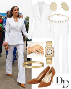 a woman in white outfit and gold accessories