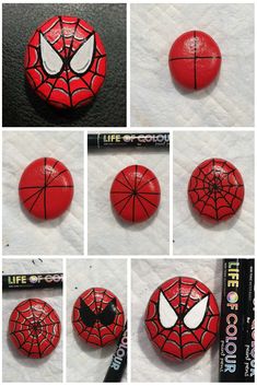 several pictures of painted rocks with spiderman faces on them