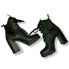 Euc Prada Women's Black And Green Lace-Up 110mm Military Ankle Boots, Size 37.5 Excellent Used Condition, Never Worn Outside, Minor Scuff On Left Heel From Being Transported In Box; Comes In Original Box And Packaging Size It 7.5 / Us 7.5 (See Images For Brand Size Guide) Leather Upper With Rubber Combat Style Boot Sole; Lace Up Style Heel Height 110mm Black And Green Colorway Feminine Combat Boots, Emo Anime, Heeled Lace Up Boots, Combat Style, Green Heels, 2000s Movies, Movies Aesthetic, Wedge Ankle Boots, Photoshoot Inspo