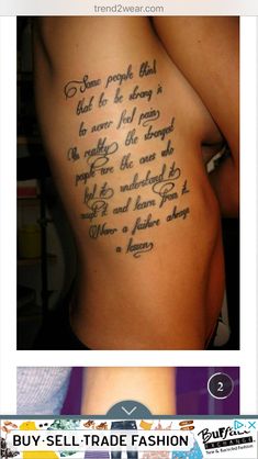 the back of a woman's stomach with words written on it and an image of her