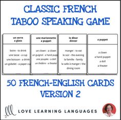 the french - english card game version 2 is shown in blue and white with an image of