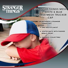 Get into the supernatural Stranger Things style with this vintage cap! This retro trucker hat is similar to the one worn by Dustin Henderson on the hit Netflix series Stranger Things. The foam front-panel is white and has royal blue mesh netting with a red brim. It's fully adjustable and will fit on most head sizes. Add it to your collection of Stranger Things TV series merchandise Stranger Things Style, Stranger Things Tv Series, Dustin Henderson, Stranger And Stranger, Vintage Calendar, Stranger Things Tv, Puzzle Shop, Mesh Netting, Vintage Cap