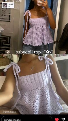 a woman is taking a selfie with her cell phone while wearing a pink crochet top