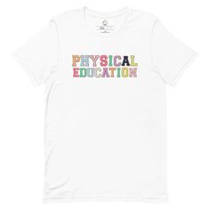 Physical Education Teachers we didn't forget you! Grab your PE teacher shirt to wear as students battle dodge ball and stretching correctly! **PLEASE NOTE** This design is NOT actual letter patches, but a glitter letter patch font design.|| DESCRIPTIONMaterials✨ 100% cotton✨ Pre-shrunk✨ Classic fit✨1x1 athletic rib knit collar with spandex✨Air-jet spun yarn with a soft feel and reduced pilling✨Double-needle stitched collar, shoulders, armholes, cuffs, and hemTeacher Noire is a small, mom-teacher White Letter Patch Top For College, White Top With Letter Patch For College, White College Top With Letter Patch, Sporty School T-shirt With Text Print, Sporty Text Print T-shirt For School, Collegiate Letter Print T-shirt For School, White Varsity T-shirt For School, Sporty School T-shirt With Letter Print, Sporty Letter Print T-shirt For School