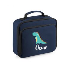 A lovely Personalised Dinosaur Lunch Bag the perfect size for you child at school to fit all his much needed fuel for school. This Dinosaur School Lunch Bag is blue and features your child's name so that it's sure not to get lost and a dinosaur a much loved animal. This Kids Animal Cooler Bag is white inside and is waterproof. Use this Boys School Lunch Bag for any age of child for school trips, nursery school, picnics and more. Suitable for Children Student a Back To School item. Dimensions- 24 Blue School Satchel, School Satchel Bag With Animal Design, School Satchel With Animal Design, Blue Portable School Lunch Box, School Bags With Animal Design For Back To School, Customizable Blue School Bag, Portable Blue Lunch Bag For School, Novelty School Bag, Novelty Portable School Bags