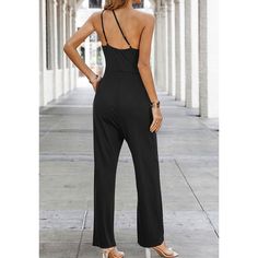 Black One-shoulder Double Straps Pocket Jumpsuit One Shoulder Solid Jumpsuit For Date Night, One Shoulder Solid Jumpsuits And Rompers For Date Night, Solid One-shoulder Jumpsuits And Rompers For Date Night, One-shoulder Solid Jumpsuits And Rompers For Date Night, One-shoulder Jumpsuits For Summer Outings, One Shoulder Jumpsuits And Rompers For Summer Going Out, One-shoulder Jumpsuits And Rompers For Summer Going Out, One-shoulder Jumpsuits And Rompers For Summer Outings, Black Strapless Jumpsuit For Going Out In Summer