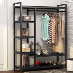 a black shelving unit with clothes and shoes on it