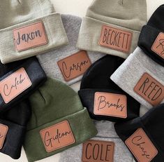 THIS LISTING IS FOR A PERSONALIZED NAME LEATHER PATCH BEANIE ---------------------------------------- PRODUCT DESCRIPTION------------------------------------------ SIZING: -0-6 MONTHS (BLACK, WHITE, TAN, BURNT ORANGE) -6-12 MONTHS (BLACK, WHITE, TAN, BURNT ORANGE, CHECKER W/POM) -1-2 YEARS (BLACK, WHITE, TAN, BURNT ORANGE) - TODDLER/YOUTH ** FITS MOST AGES 3 AND UP** (BLACK, WHITE, TAN, BURNT ORANGE) -Choose from 5 fonts -Patch is laser engraved faux leather ( **brown/camel and burnt orange bean Diy Laser Engraver, Boys Beanie, Patch Beanie, Toddler Beanie, Glowforge Ideas, Laser Engraved Gifts, Girl Beanie, Laser Engraved Ideas, Toddler Winter