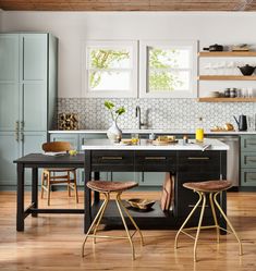 a kitchen with wooden floors and blue cabinets