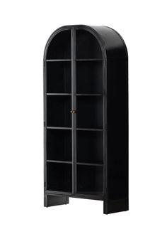 a black bookcase with an arched door on the front and bottom shelf, open to reveal