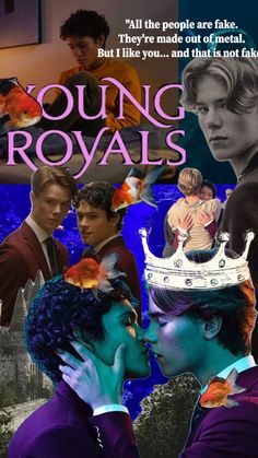 young royals movie poster with two men in purple suits and one man wearing a crown