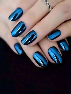 Royal Blue  Collar   Plain Color Nails Embellished   Beauty Tools Black Chrome Nails, Bare Nails, Color Nails, Blue Nail Designs, Blue Nail, Blue Mirror, Black Nail, Fake Nail, Mirror Effect