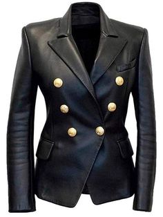 Kim Kardashian Black Leather Blazer Jacket Double Breasted Kim Kardashian Blazer, Lambskin Leather Blazer, Leather Jacket Blazer, Leather Blazer Women, Black Leather Blazer, Slim Fit Coat, Leather Blazer Jacket, Real Leather Jacket, Diva Fashion