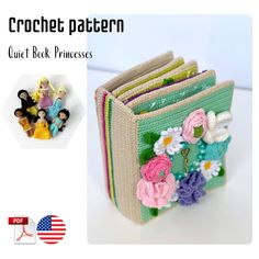 crochet pattern book princesses with flowers and dolls in the cover, on white background