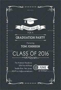 a graduation party flyer with an old fashioned frame and scroll on the front, black background