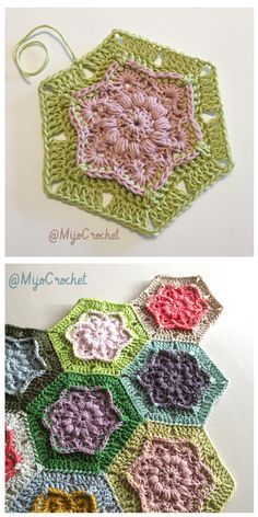 crocheted hexagons are shown in two different colors