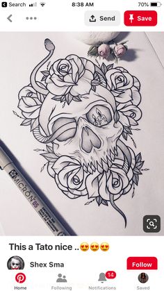 a drawing of a skull with roses on it next to a marker and some pens