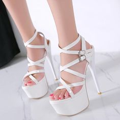 White Platform Stiletto Heel Sandals With Straps - High Heels Bridal Strappy Heeled Shoes #highheels #hothighheels #heelsoftheday #heelslover #heelsaddict #heels #sandalsheels #shoes #sandals #pumps #pumpshoes #shoesaddict #shoestagram #womenshoes #blackshoes #platformpumps #platformhighheels White Heels With Straps, White High Heel Strappy Heels, White Platform Sandals For Party, Elegant White Heels With Straps, White Strappy Sandals For Party, White Party Sandals With Straps, Platform Strappy Wedge Sandals For Party, White High Heel Wedge Sandals For Party, Strappy Platform Wedge Sandals For Party