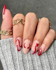 Cute Nail Design Almond Shape, Different Nail Art On Each Finger, Simple Nail Art Ideas For Short Nails, October Themed Nails, Halloween Style Nails, Spooky Red Nails, Doja Cat Nails Ideas, February Nail Designs Valentines Day, Oppenheimer Nails