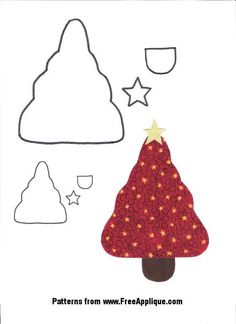 a drawing of a red christmas tree with stars on it's top and the words, patterns from www free applique com