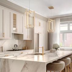 a kitchen with marble counter tops and stools in front of the sink, windows