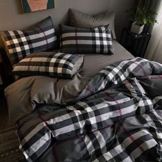 Black Plaid Bedding - Gray / 1.8m Black Plaid Bedding, Men Bed, Plaid Bedding, Room Makeover Bedroom, Bedroom Paint, Black Bedding, Duvet Bedding, Cozy Room, Bed Sheet Sets