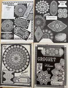 four pages of crochet patterns are shown in black and white, with the words crochet written on them