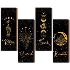 four black and gold wall hangings with the names of different zodiac signs on them