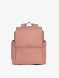 a pink backpack with the word calm written on it and two zippers at the bottom