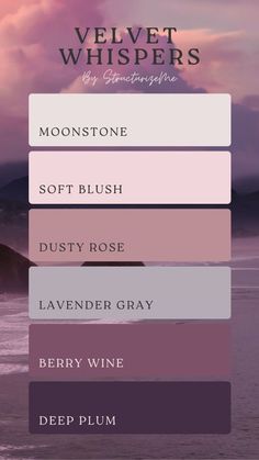 the color palette for velvet whispers is shown in shades of pink, purple and grey