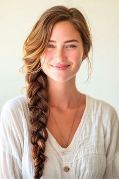 Loose side braid on beautiful woman with reddish brown long hair. Loosely Braided Hair, Side Braid Reference, Thick Side Braid, Long Face Wedding Hairstyles, Thick Loose Braid, Pretty Hairstyles For Long Thick Hair, Over Shoulder Braid, Side Swept Braided Hairstyles, Side Braid Long Hair