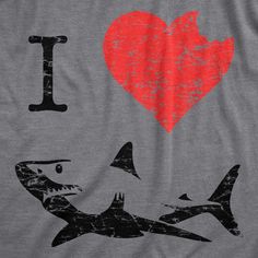 i love sharks on a gray shirt with red heart and shark silhouettes in the background