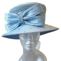 This Gorgeous Designer Couture Satin Ribbon Church, Wedding, Or Special Occasion Hat Is “Over The Top” Adorned With Rows And Rows Of Crystal Rhinestones. The Trimming Is Made Up Of A Double Satin Ribbon Bow And Covered With Loose Crystal Stones. A 4-5 Inch Square Crown And A 4-5 Inch Down-Turned Brim. Available In: Turquoise, Orange, Lt. Blue, And Fuschia. An Adjustable Sweatband Inside The Crown To Fit Most Head Sizes Fitted Hats For Summer Ceremonies, Fitted Summer Hats For Ceremonies, Summer Ceremony Fitted Hat, Fitted Light Blue Hat For Summer, Blue Evening Hats For Spring, Blue Church Hats For Spring, Blue Spring Hats For Church, Spring Curved Brim Hat For Mother Of The Bride, Blue Fitted Hat For Party