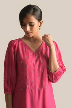 Pink silk cotton kurta with pita and resham embroidered yoke. Comes with pant.
Components: 2
Pattern: Embroidered
Type Of Work: Pita, Resham
Neckline: V Neck
Sleeve Type: Three quarter
Fabric: Silk cotton
Color: Pink
Other Details: 
Attached lining
Length:
Kurta: 45 inches
Pant: 36 inches
Product Weight: 600 gms
Note: Dupatta worn by the model is not for sale.
Occasion: Mehendi and Haldi - Aza Fashions Cotton Kurta, Fabric Silk, Pant Set, Pink Silk, Set For Women, Pita, Aza Fashion, Sleeve Type, Three Quarter