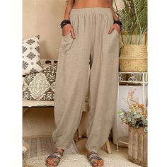 Women's Baggy Pants Harem Pants Linen Cotton Blend Pocket Black Summer 2024 - CAD $36.99 Trousers Women Casual, Cotton Harem Pants, Cotton Casual Pants, Casual Linen Pants, Cotton Linen Pants, Linen Casual, Baggy Pants, Pantalon Large, Vanuatu